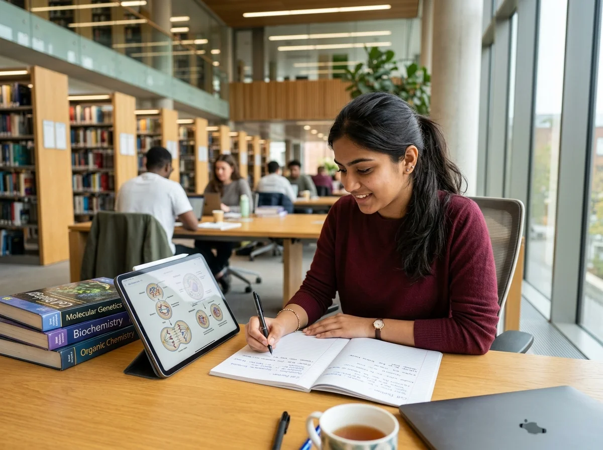 Indian student studying intently in library with tablet and books